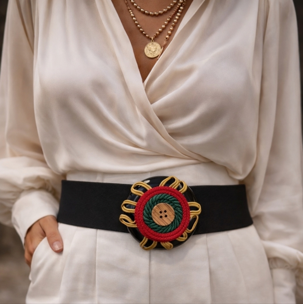 LINDSEY SCOTT SPORT Vintage Wide Elastic Statement Belt Black Gold Red Graphic